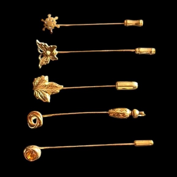 Vintage Gold Tone Stick Pins Lapel Pins Hat Pins Lot of 5 - Picture 1 of 8